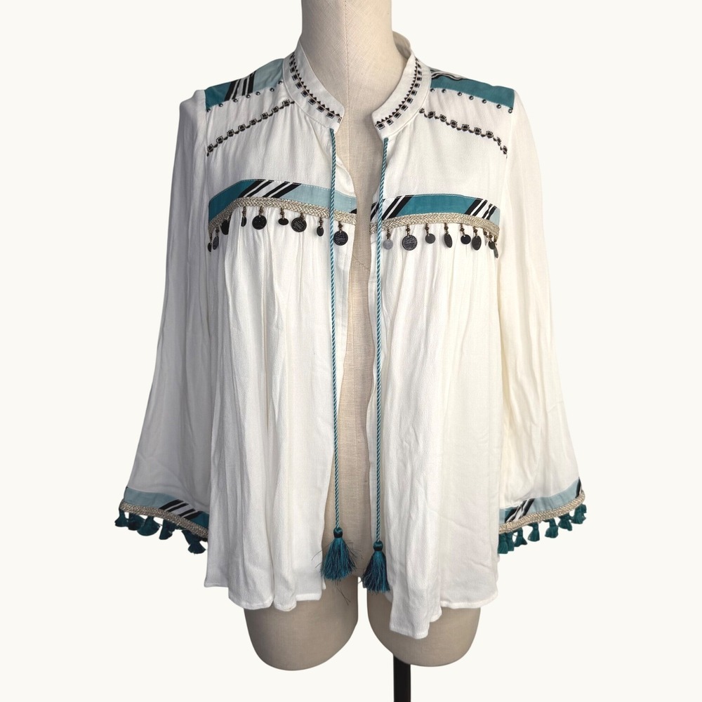 Chicos Tassel Tie Embroidered Fringe Boho White Jacket Ecru Size 0 Small